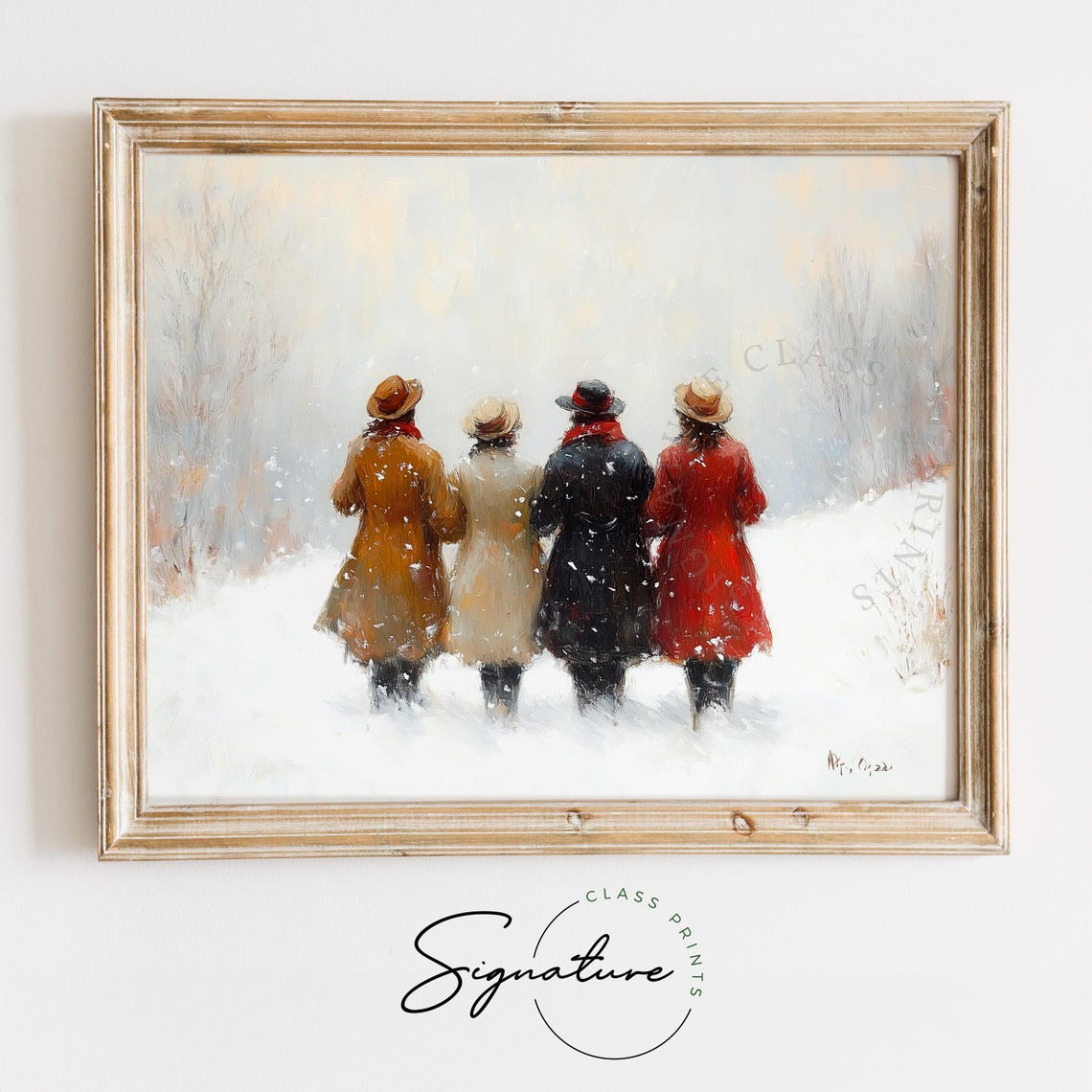Four Friends Walking Through Snow in Impressionist Winter Art Poster