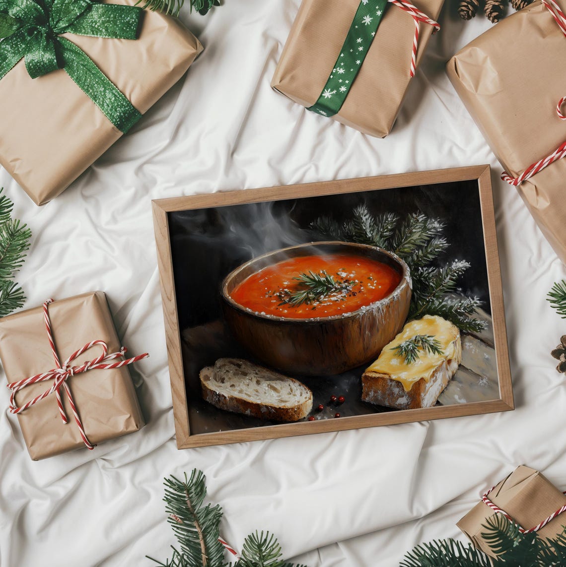 Steaming Tomato Soup With Crusty Bread And Melted Cheese Art Poster - Image 2