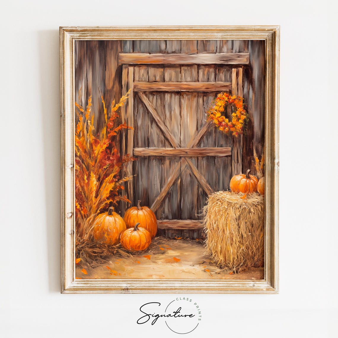 Rustic Barn Door With Pumpkins Hay Bales And Wreath Fall Poster