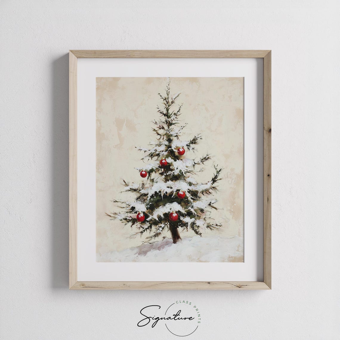 Snowy Christmas Tree with Red Ornaments Minimal Painting Poster - Image 2