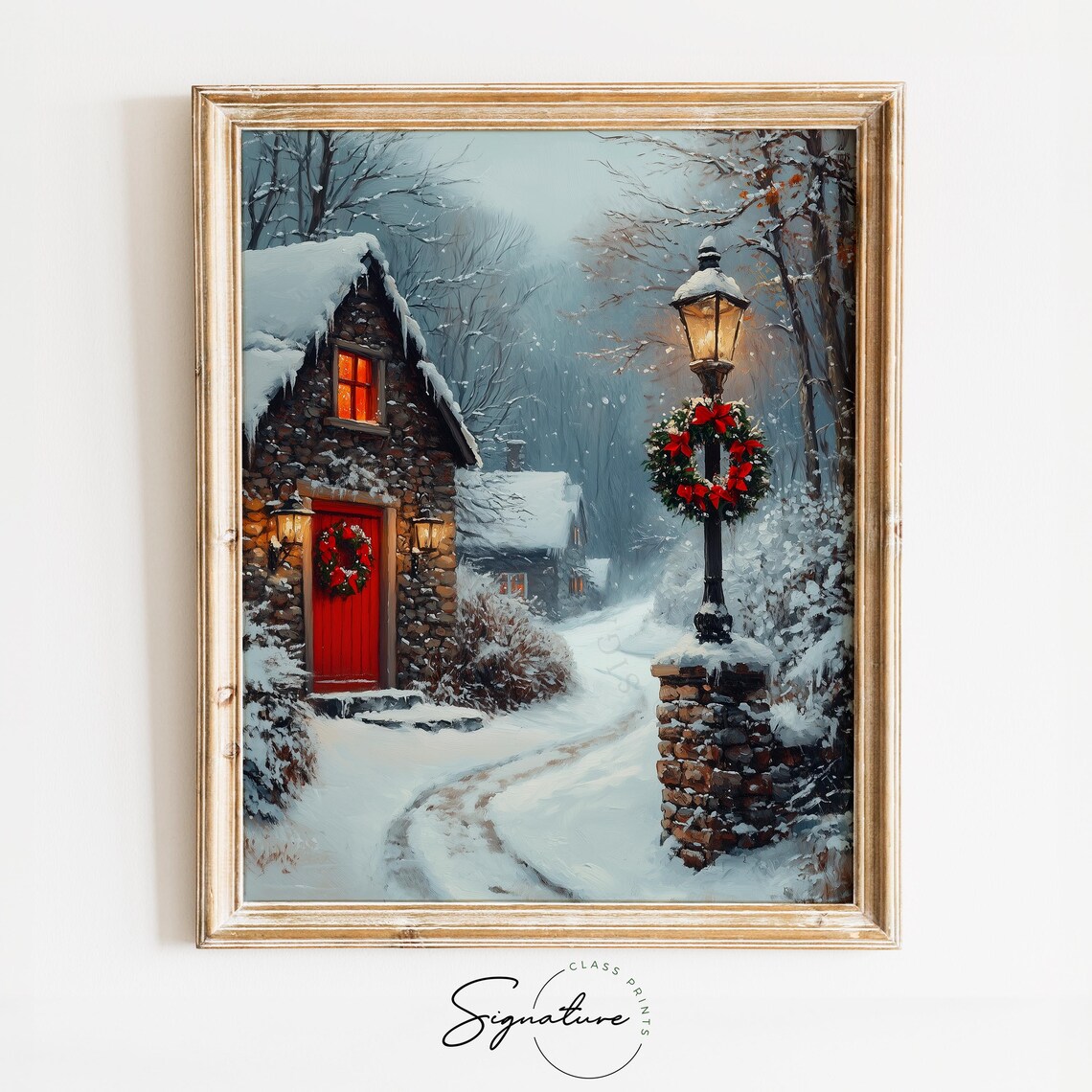 Christmas Cottage with Red Door Wreath and Lamppost Winter Poster