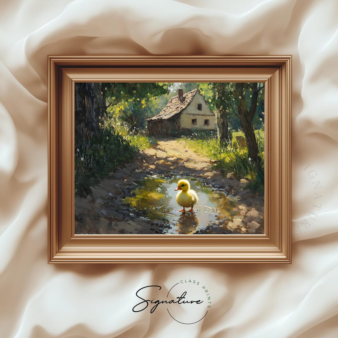 Duckling in Sunlit Puddle Farmhouse Path Spring Cottage Art Poster