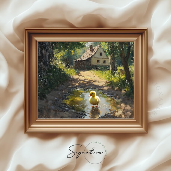 Duckling in Sunlit Puddle Farmhouse Path Spring Cottage Art Poster