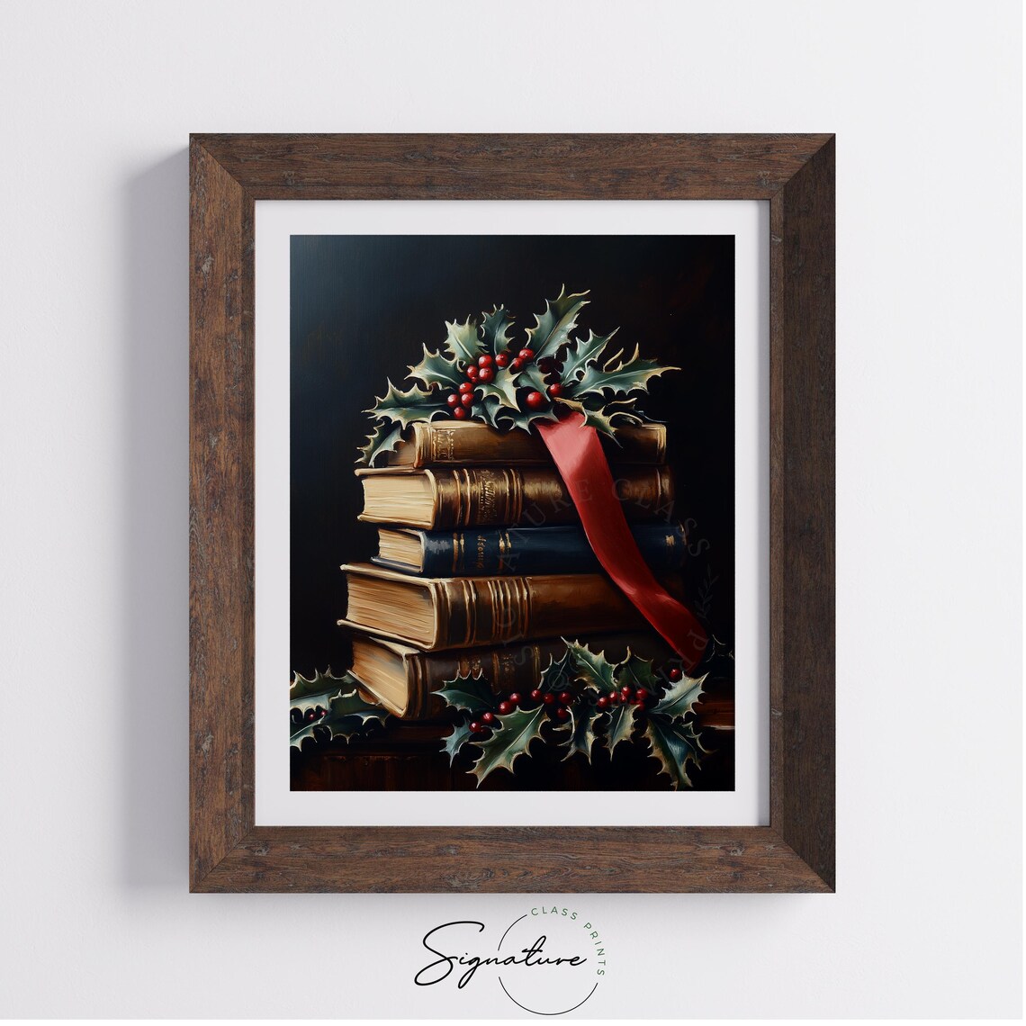 Stack Of Vintage Books With Red Ribbon And Holly Holiday Poster - Image 5