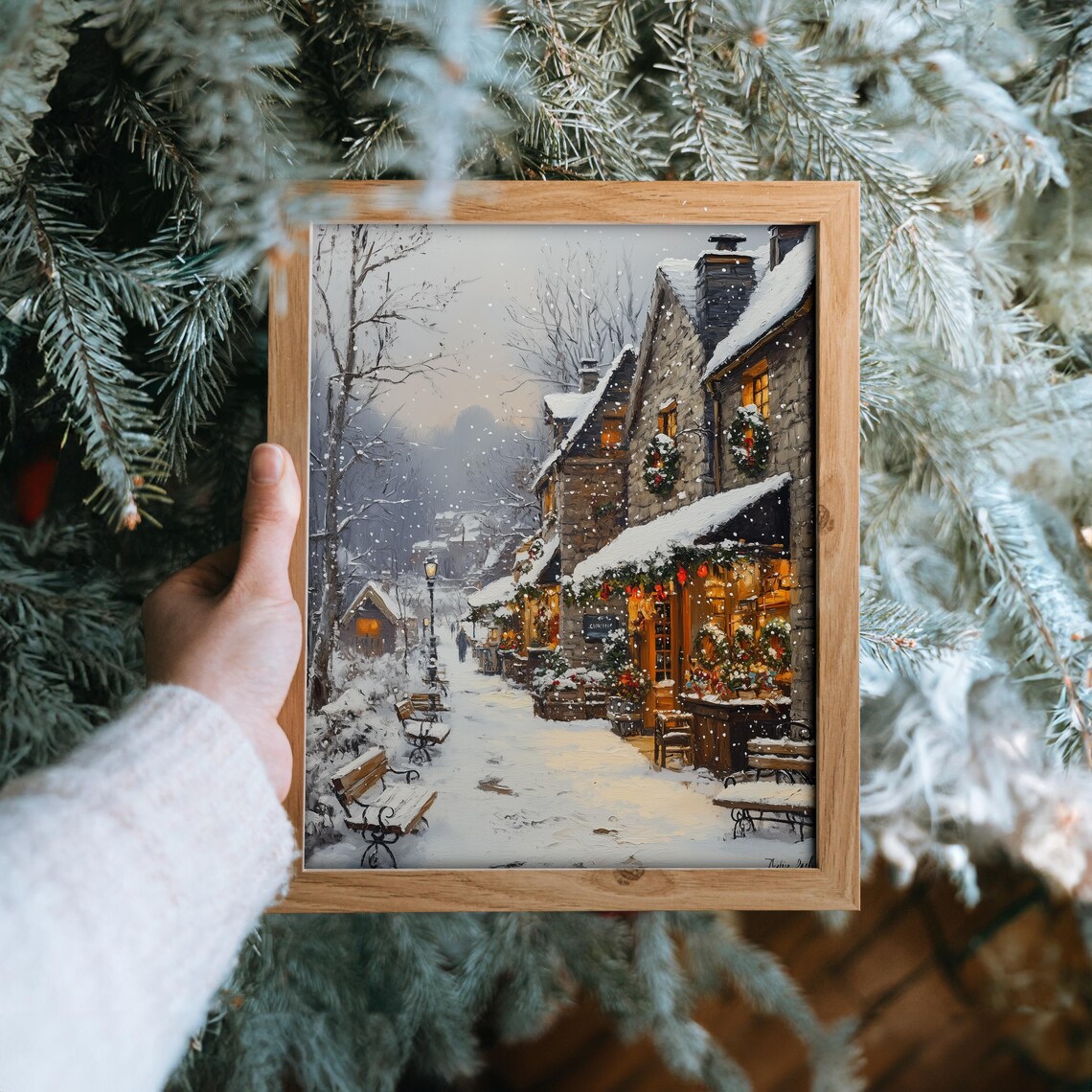 Snowy Stone Village Christmas Shops with Glowing Wreaths Poster - Image 6