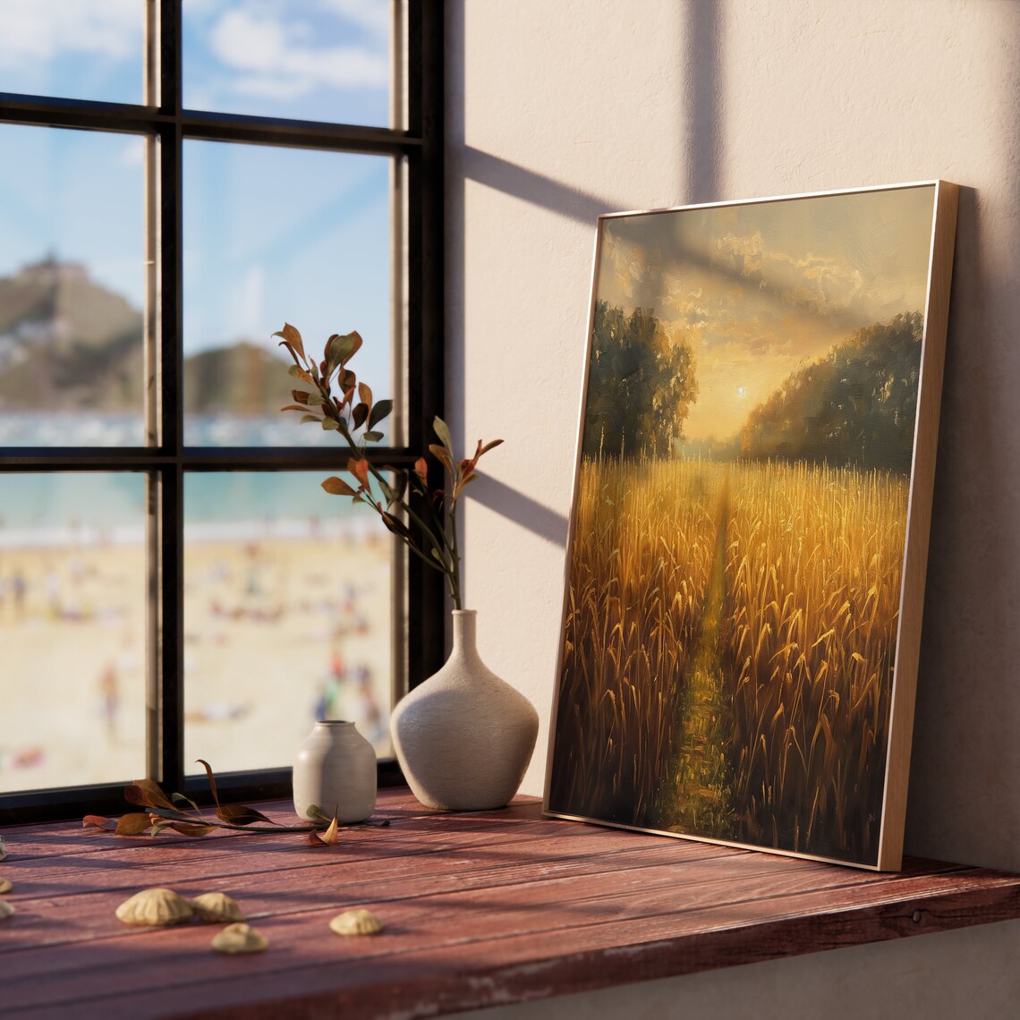 Sunlit Cornfield Painting, Rustic Farm Landscape - Image 5