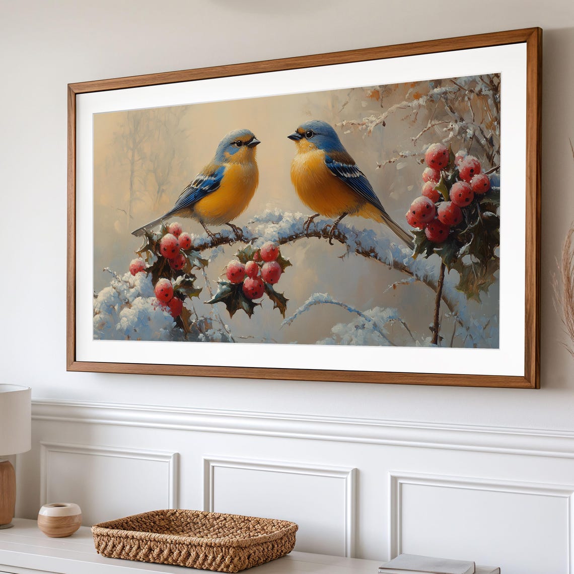 Two Winter Songbirds On Snowy Red Berry Branch Winter Art Poster - Image 2
