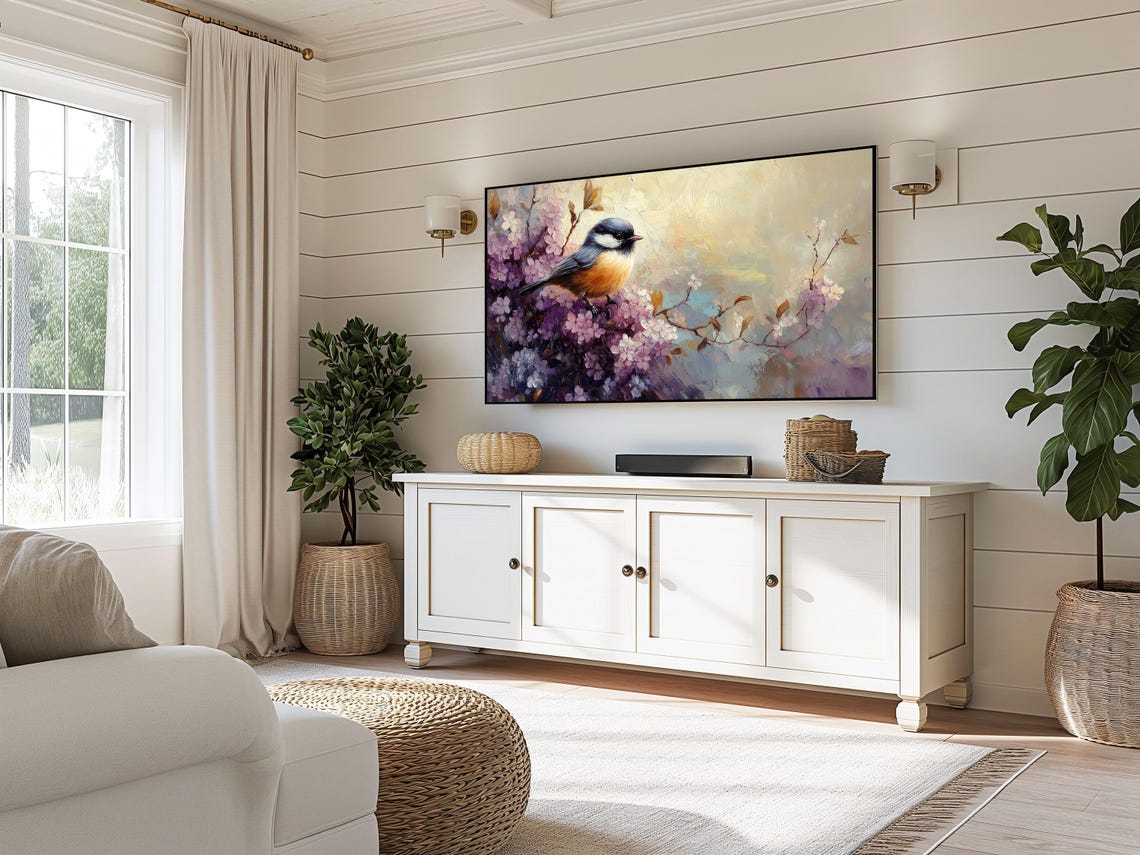 Chickadee On Lilac Blossoms Spring Oil Painting Bird Wall Art - Image 3