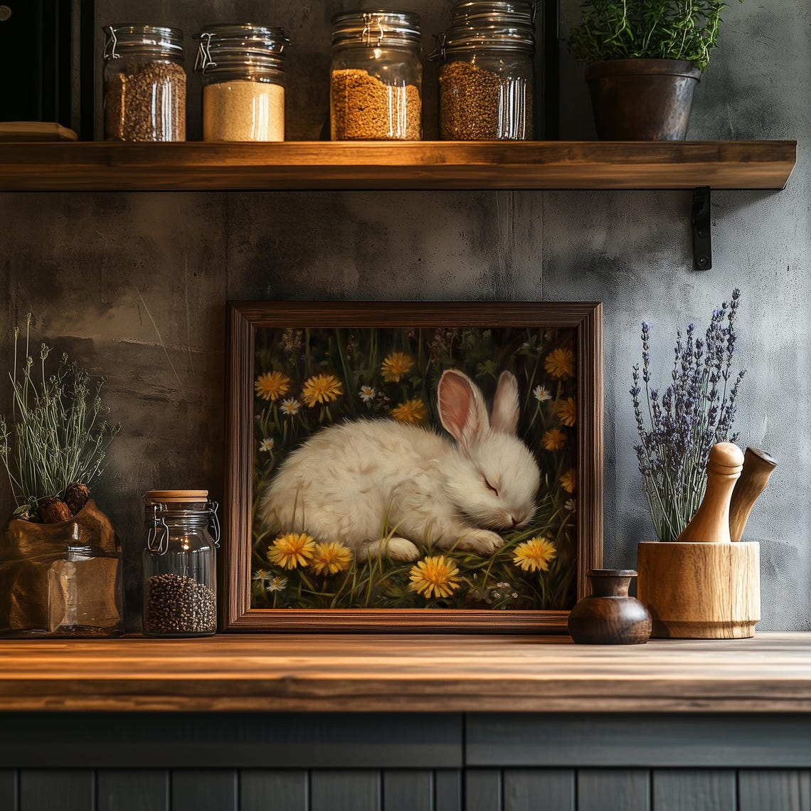 Sleeping White Bunny in Dandelion Meadow Dreamy Spring Art Poster - Image 2