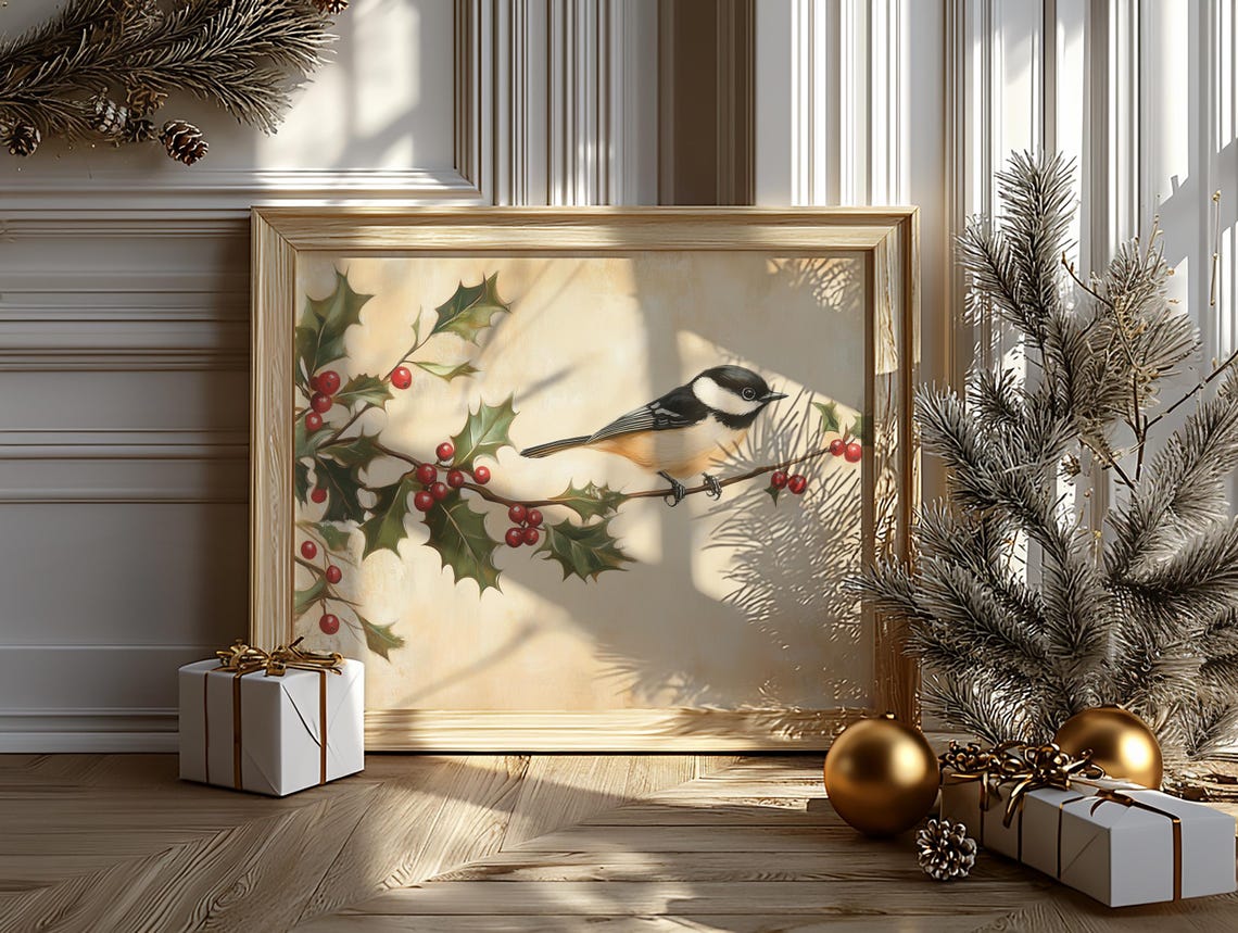Black Capped Chickadee With Holly Berries Christmas Bird Print - Image 6