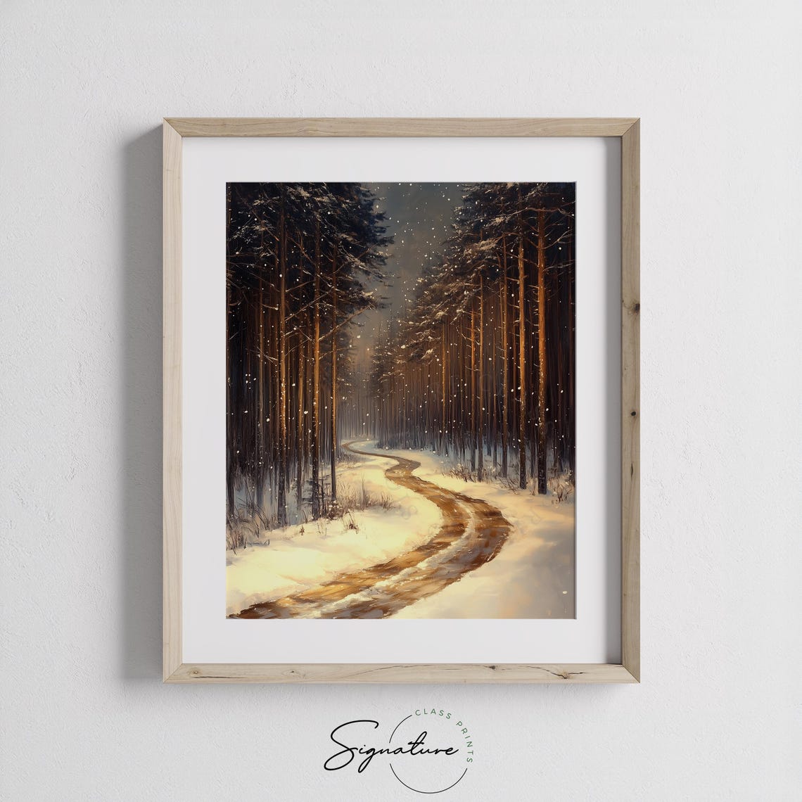 Snowy Forest Path at Night with Falling Snow in Dark Winter Poster - Image 2