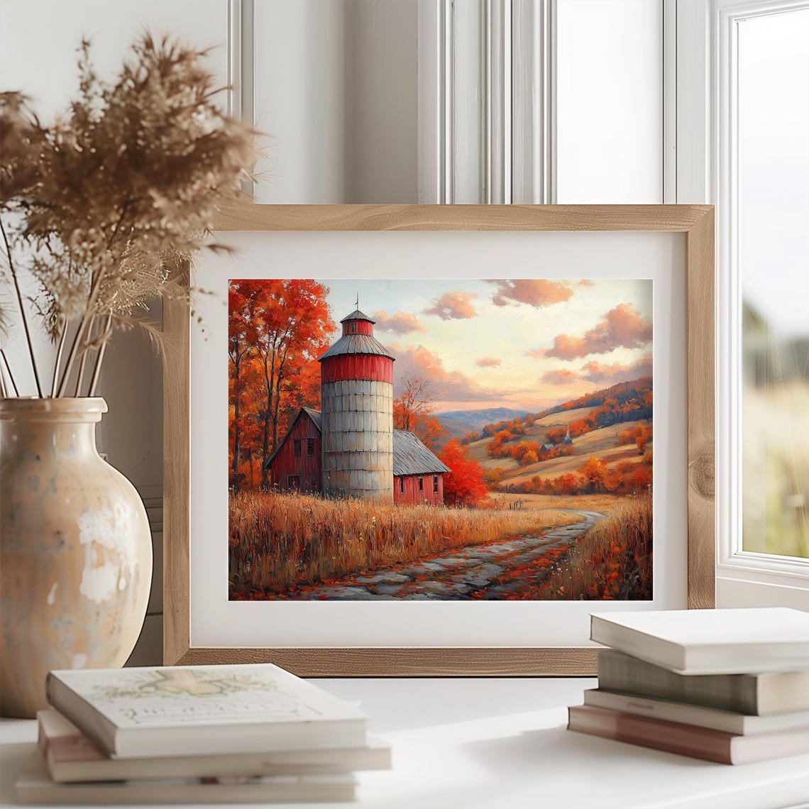 Red Barn And Silo Autumn Farm Rolling Hills Fall Landscape Wall Art - Image 2