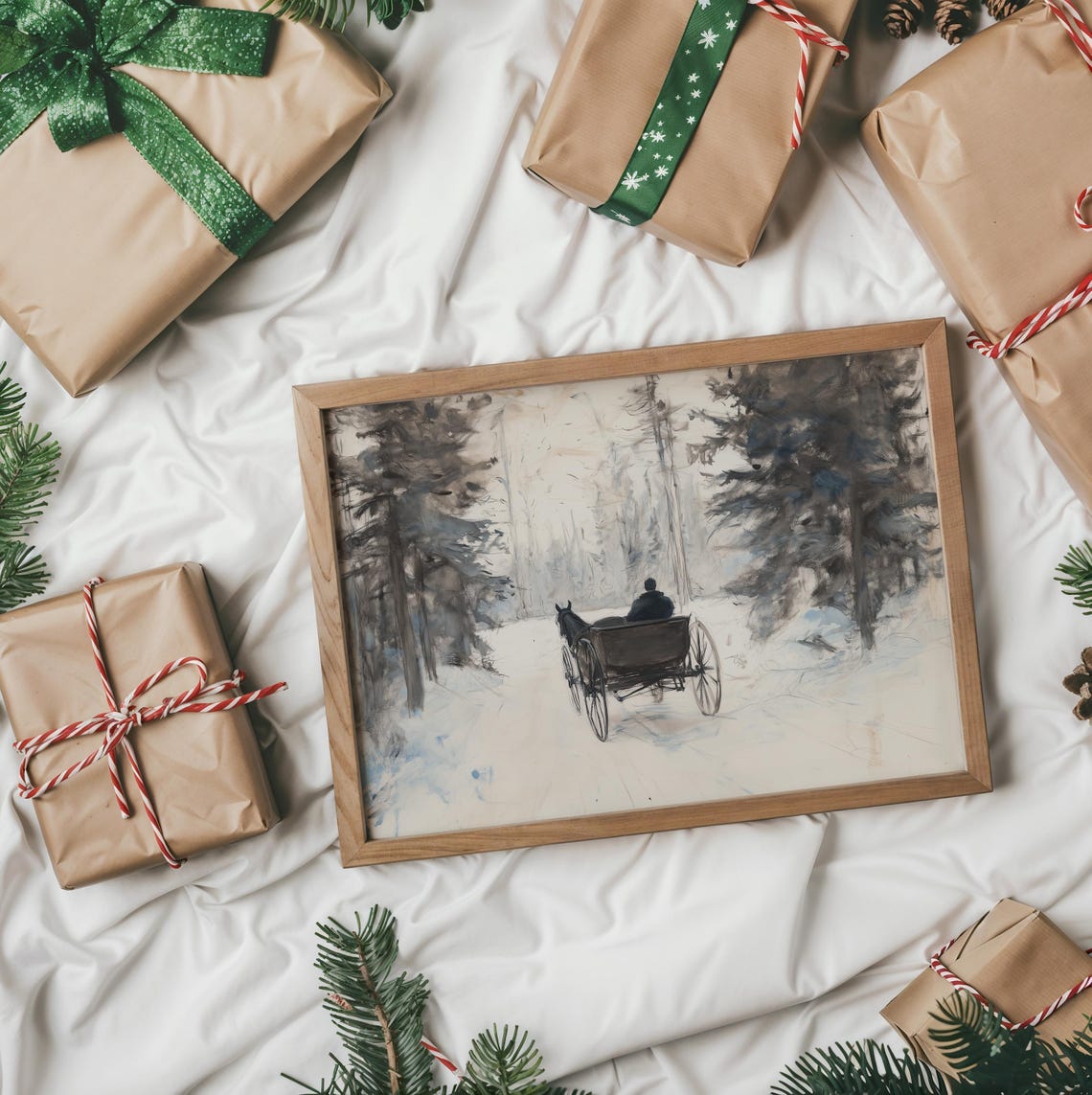 Horse Drawn Wagon In Snowy Woods Soft Watercolor Winter Scene Poster - Image 2