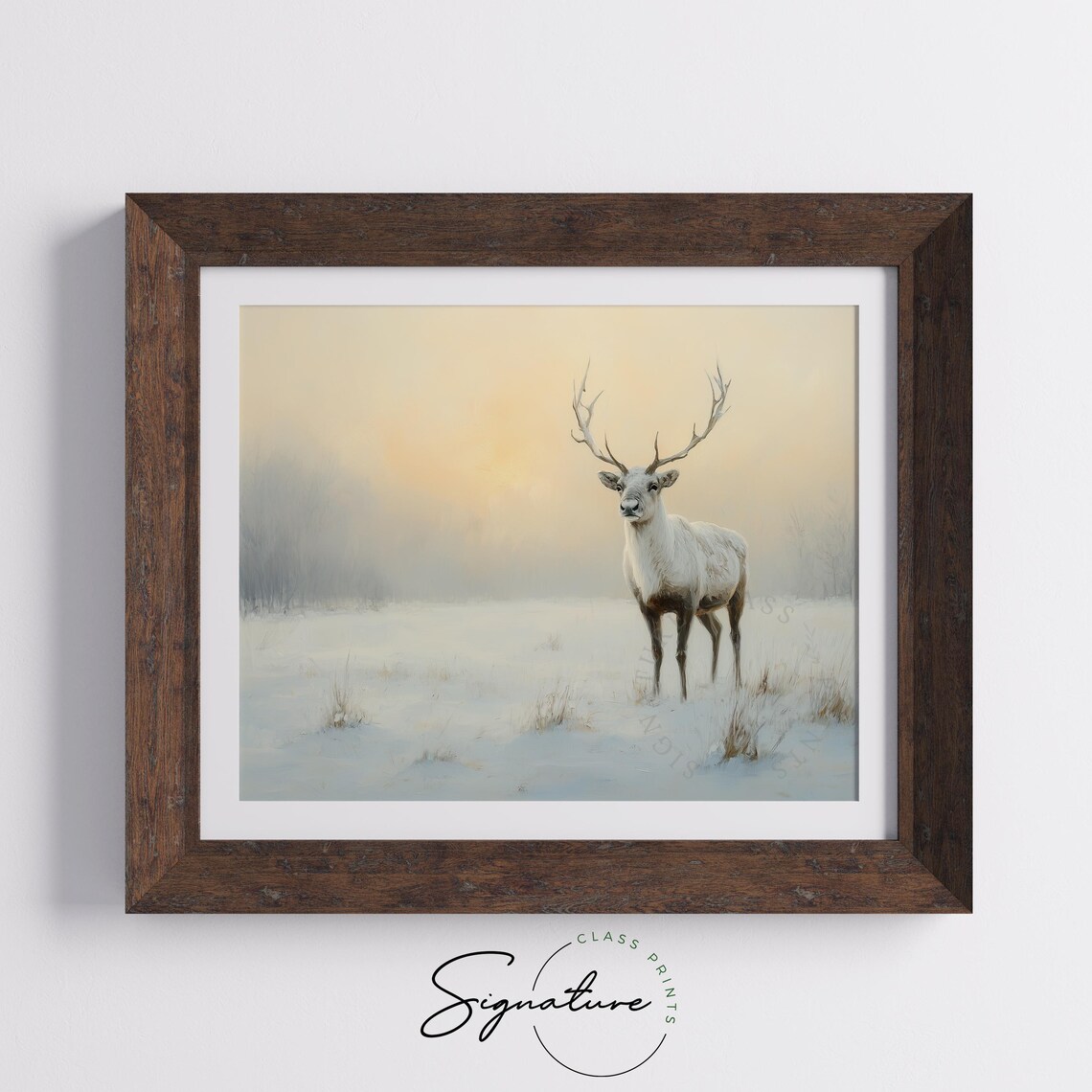 White Stag Standing in Snowy Field at Sunrise Winter Wildlife Poster - Image 5