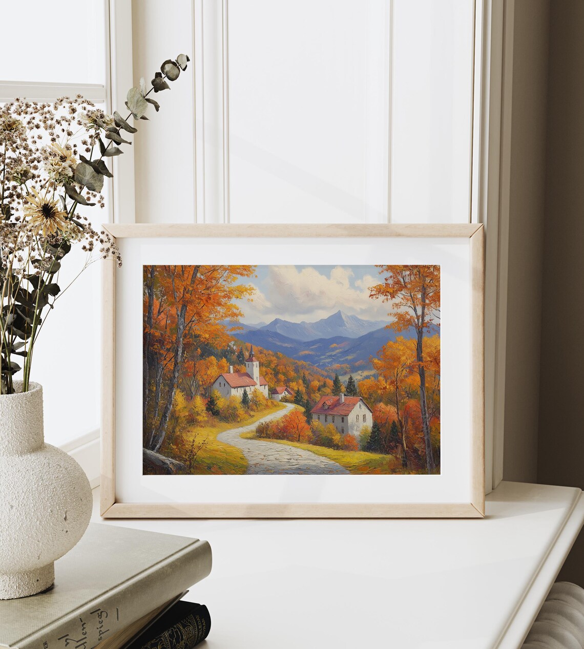 Autumn Village With Red Roofed Church on Winding Road to Mountains Wall Art - Image 6
