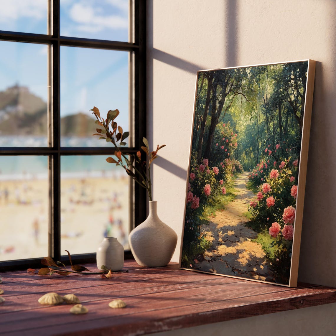 Sunlit Forest Path Lined With Blooming Pink Roses Woodland Poster - Image 3