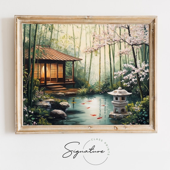 Japanese Tea House by Cherry Blossom Koi Pond Serene Garden Art Poster