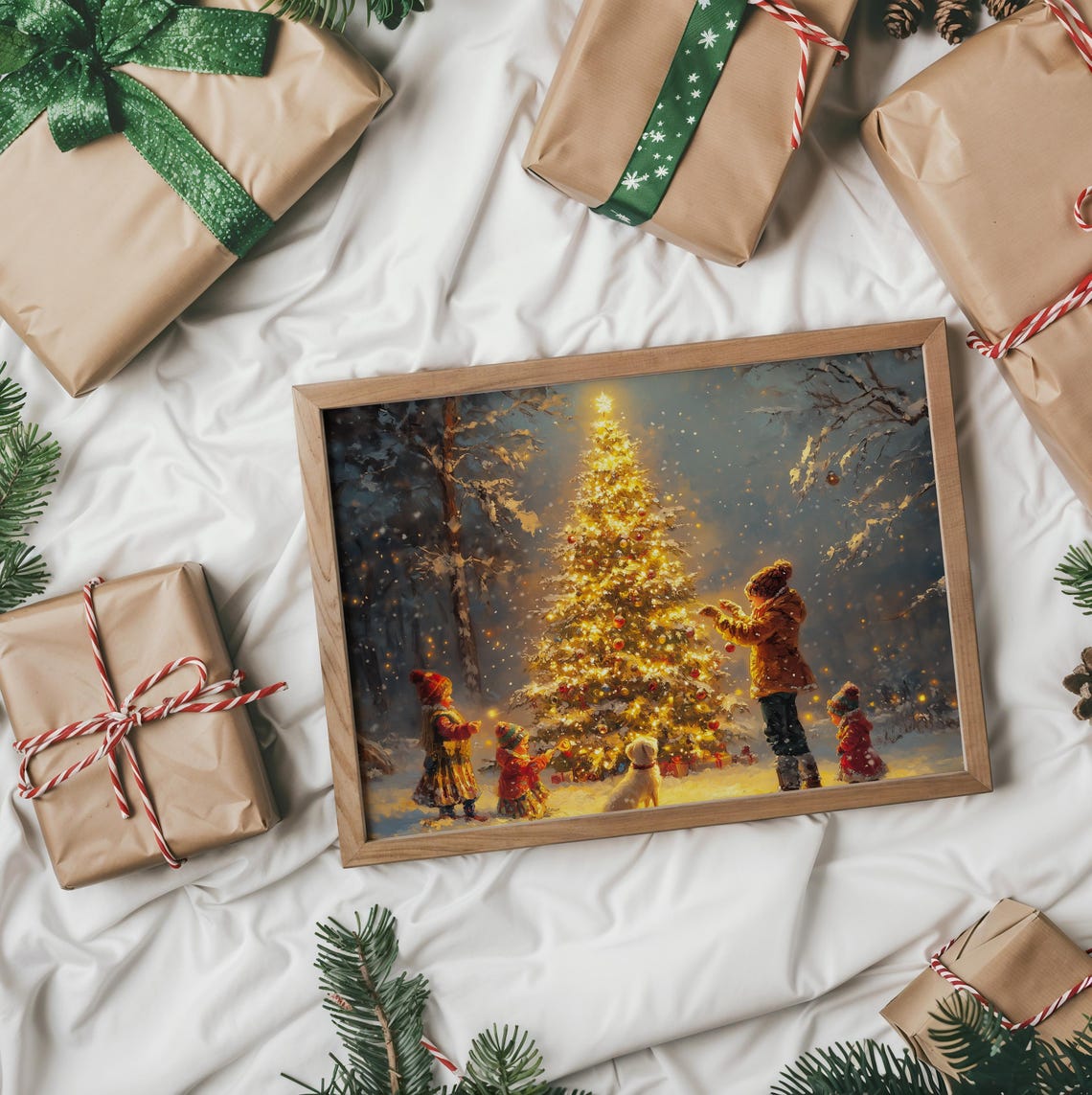 Children and Dog Decorating a Tall Christmas Tree in Snow Poster - Image 2