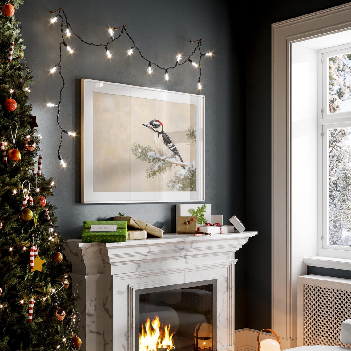 Detailed Downy Woodpecker On Snowy Pine Branch Vintage Bird Poster - Image 2