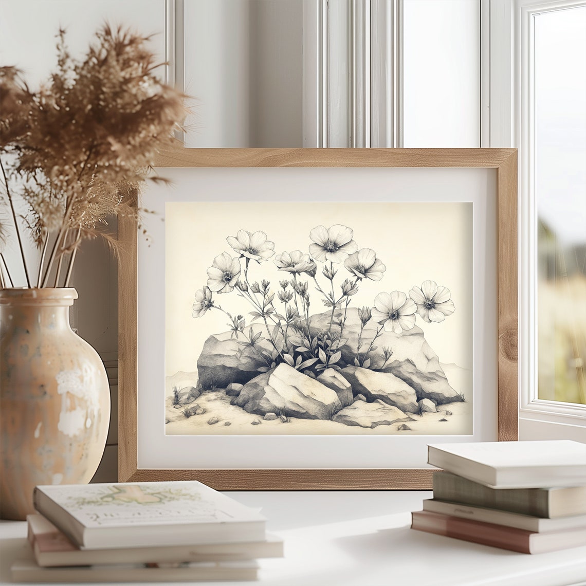 Wildflowers Among Rocks Grayscale Vintage Engraving Style Poster - Image 2