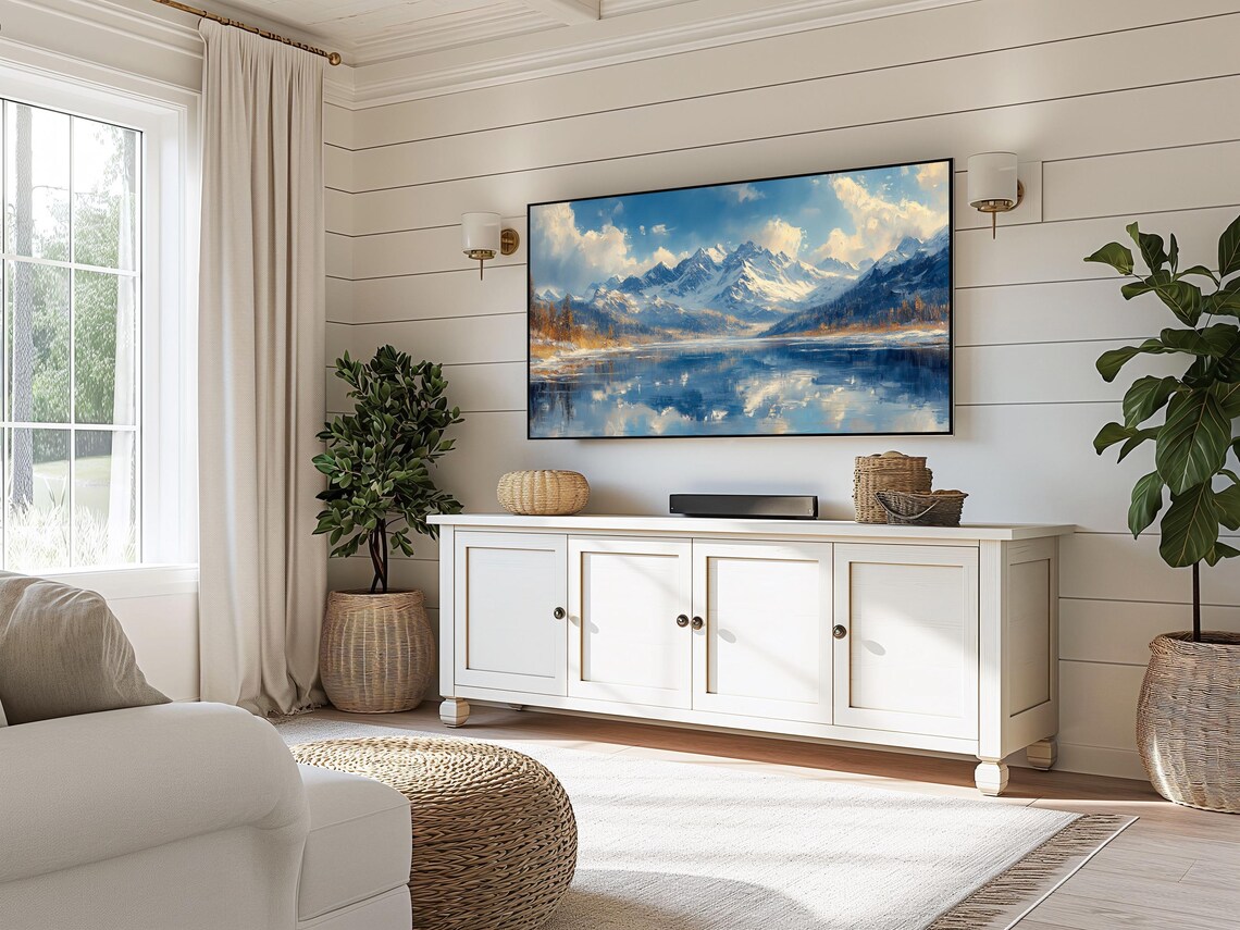Snow Capped Mountain Peaks Reflected In Calm Alpine Lake Winter Art Poster - Image 3