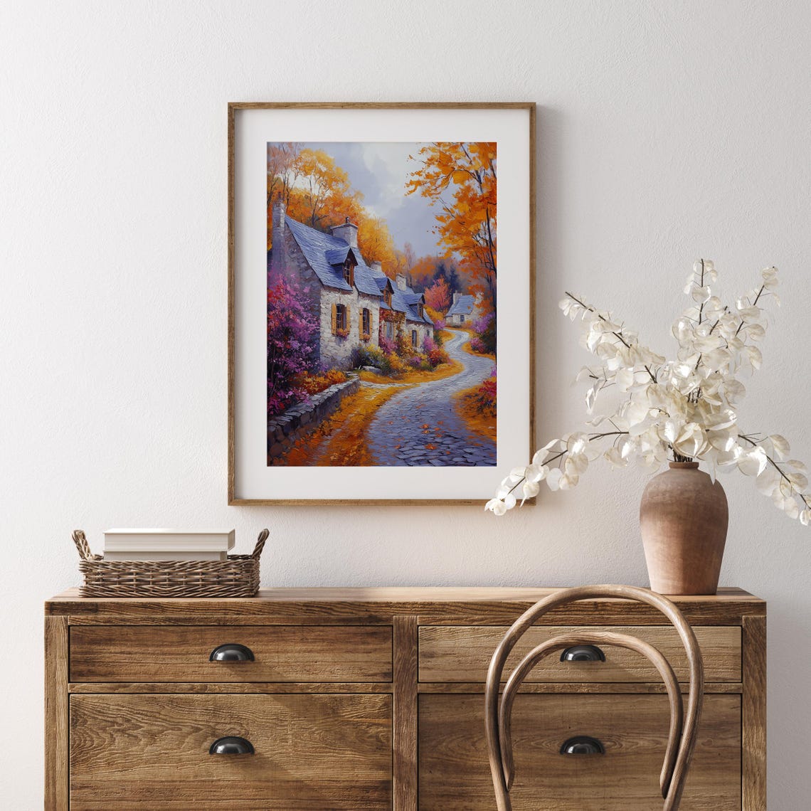 Autumn Village Street Flowering Bushes Stone Houses Lane Poster - Image 5