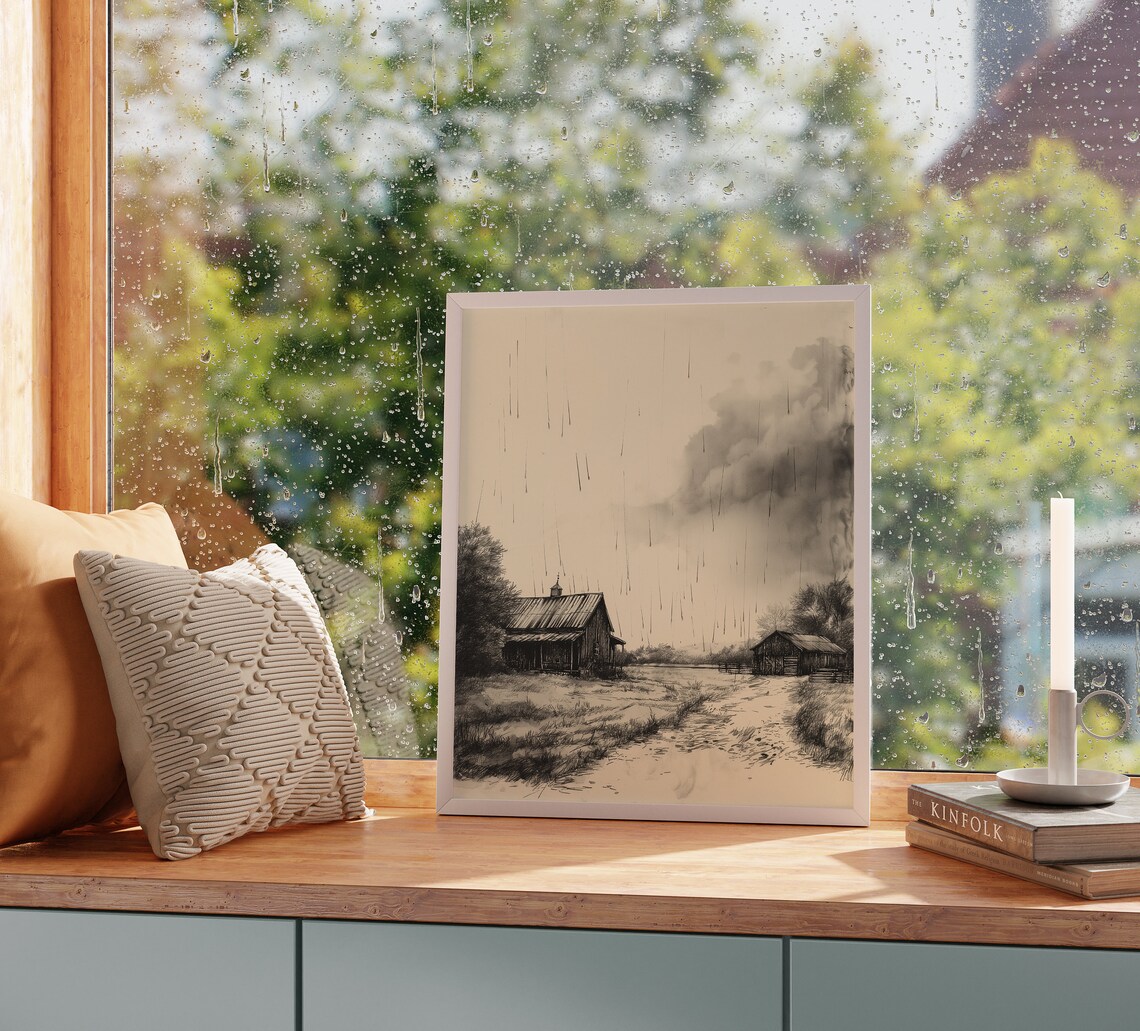 Rainy Farmstead Rustic Barn Sketch Stormy Countryside Landscape Poster - Image 2