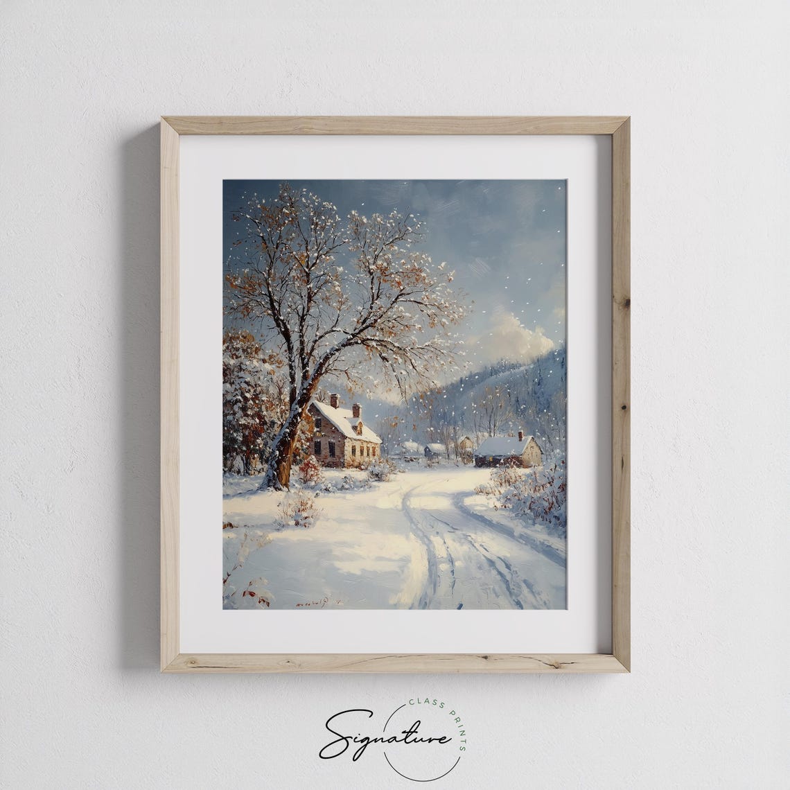 Snowy Village With Big Oak Tree And Cottages At Midday Poster - Image 2