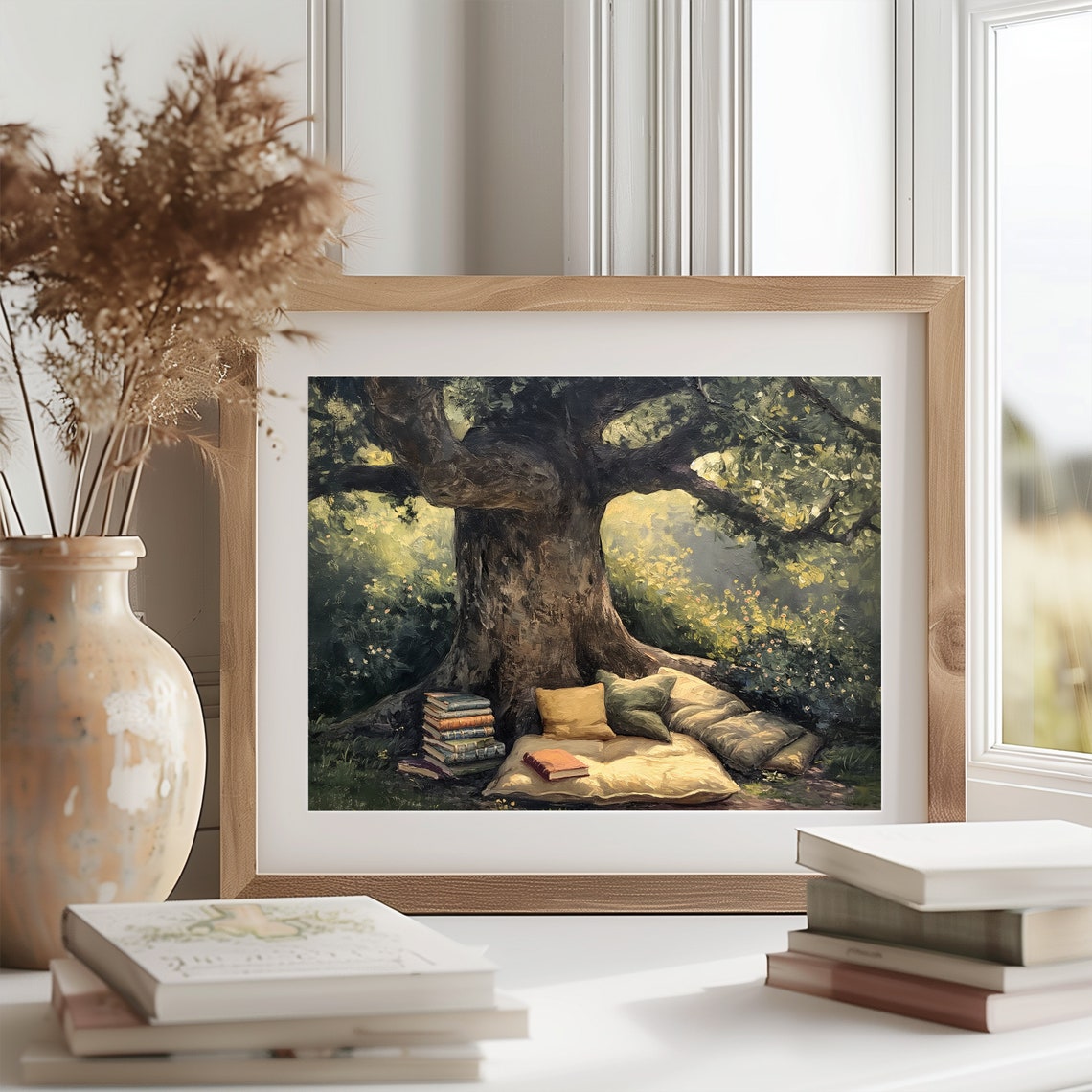 Cozy Reading Nook Under Tree Books Cushions Vintage Garden Oil Poster - Image 2