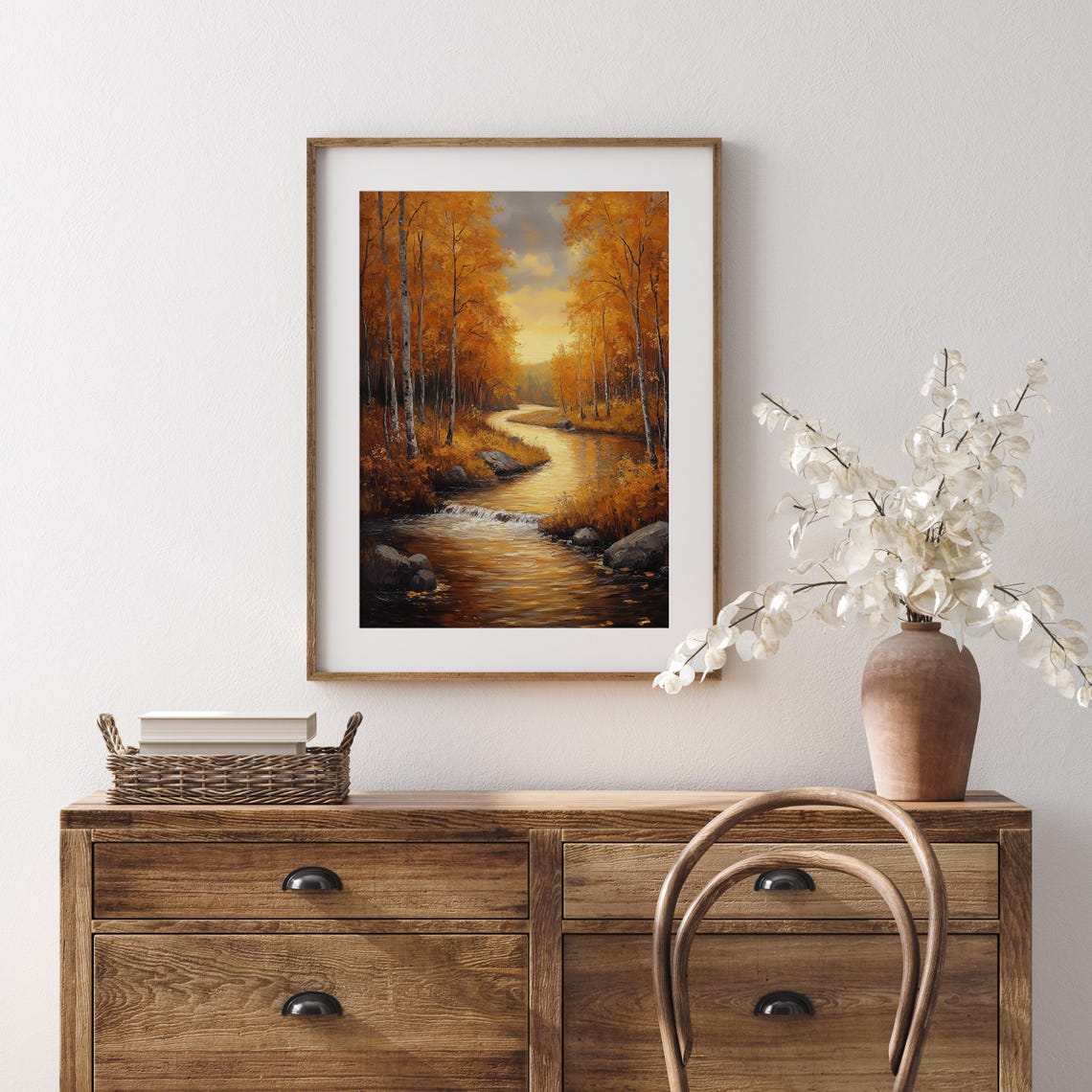 Autumn Birch Forest River Painting Golden Sunset Fall Landscape Poster - Image 5