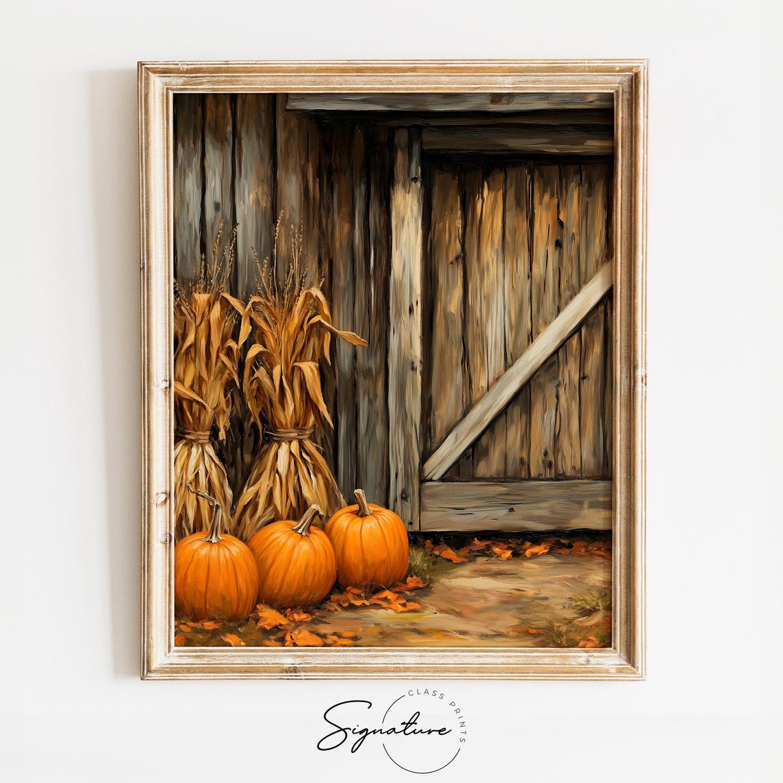 Pumpkins Corn Stalks Rustic Barn Wooden Door Fall Harvest Poster