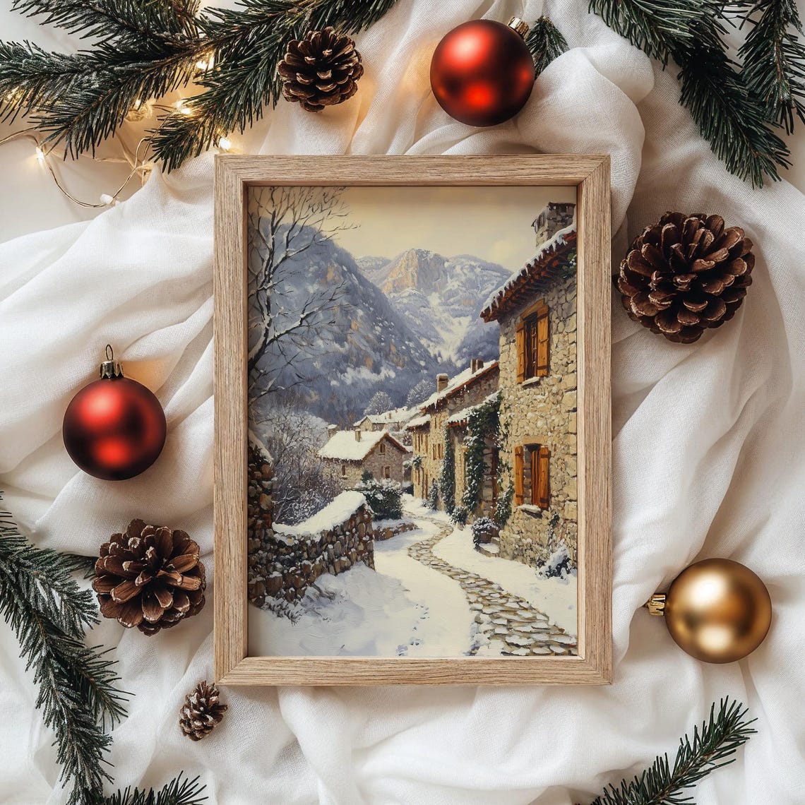 Alpine Stone Village Lane at Sunrise Snowy Mountain Scene Poster - Image 4
