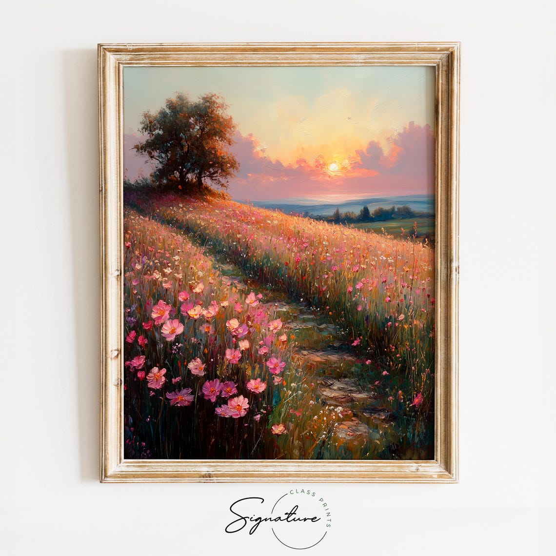 Spring Path Through Blooming Wildflowers Pink Sunset Meadow Poster