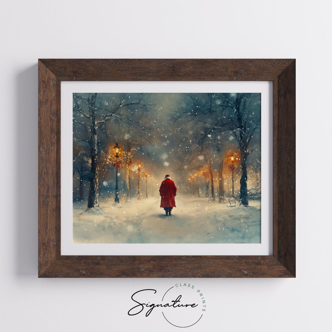 Santa Claus Walking A Snowy Lamp Lit Park Path On Christmas Poster - Image 5