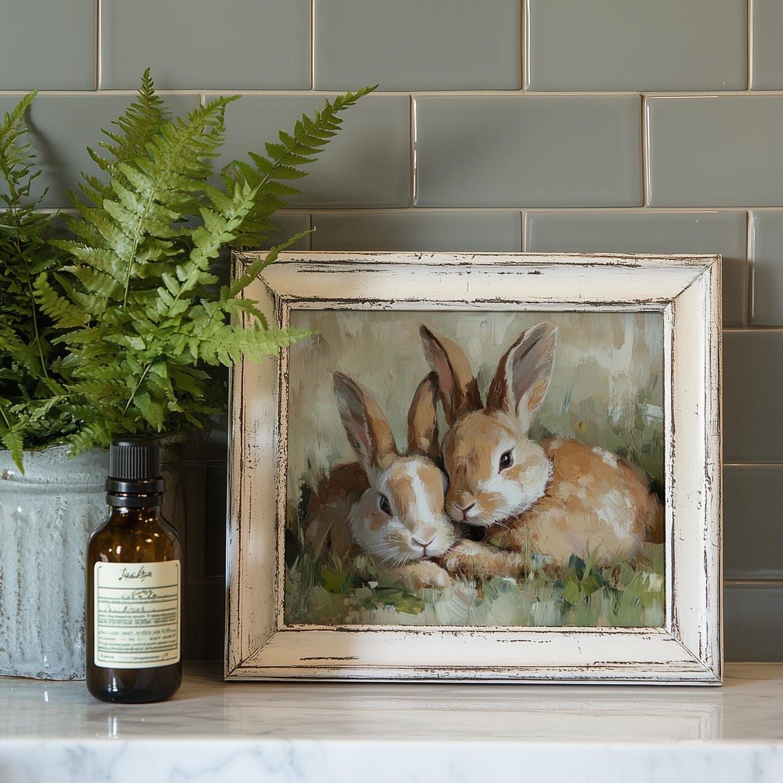 Two Rabbits Cuddling in Meadow Spring Bunny Pair Oil Painting Poster - Image 4
