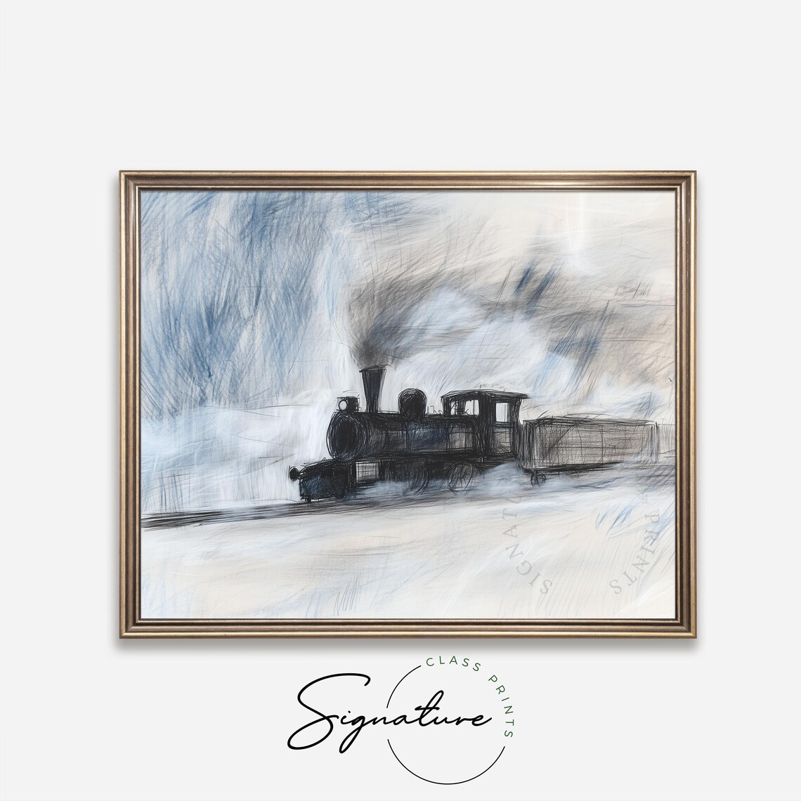 Steam Locomotive Crossing Snowy Landscape In Sketch Style Poster - Image 4