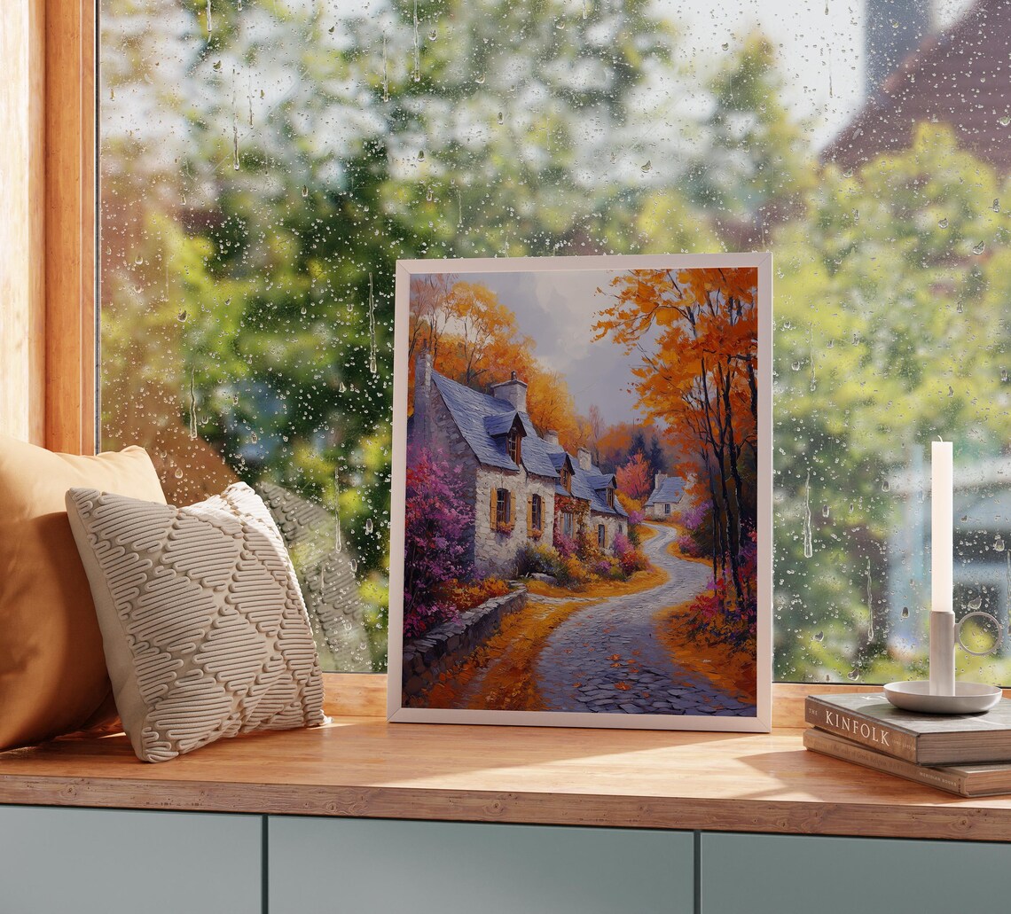 Autumn Village Street Flowering Bushes Stone Houses Lane Poster - Image 2