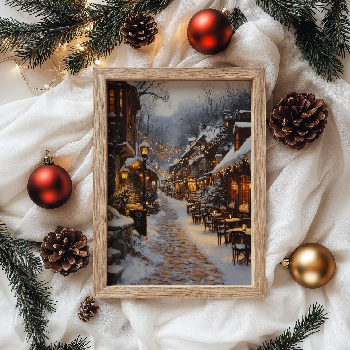 Winter Village Square With Cafe Lights, Holiday Art Print - Image 4