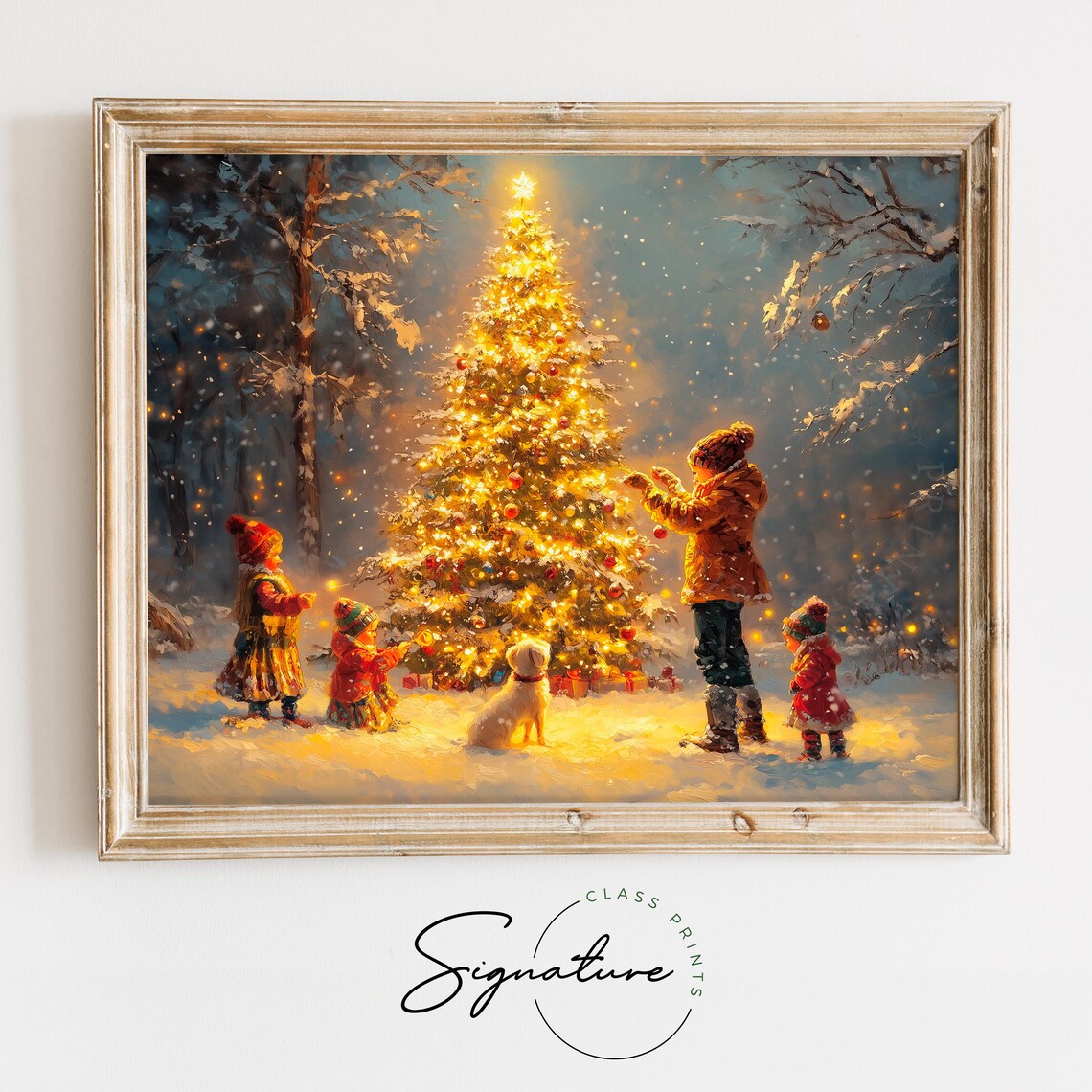 Children and Dog Decorating a Tall Christmas Tree in Snow Poster