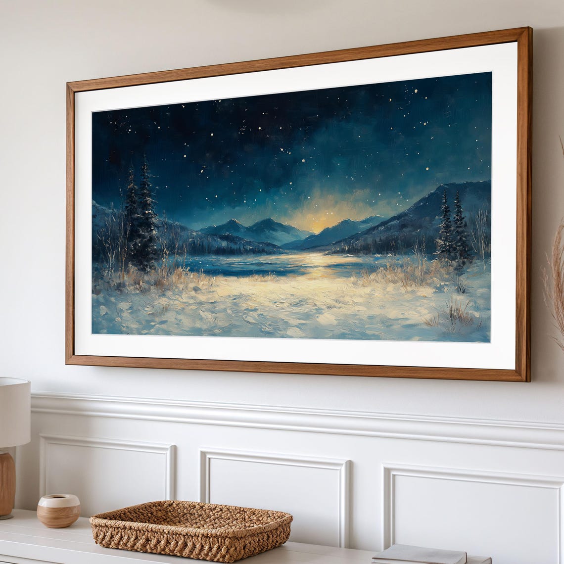 Snowy Winter Meadow Under Starry Night Sky Moody Landscape Poster - Image 2