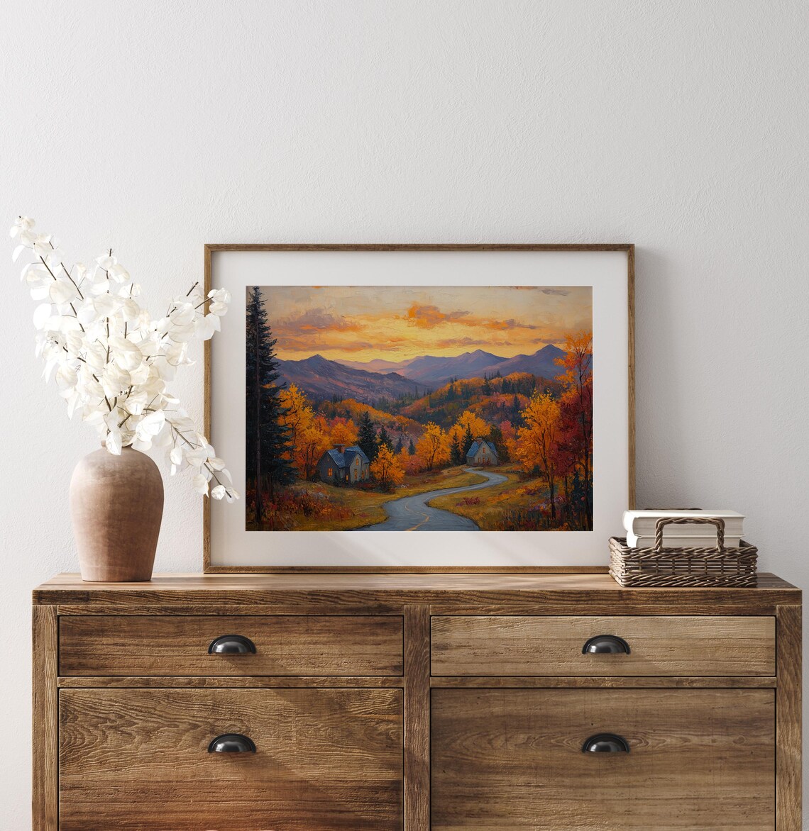 Autumn Mountain Road Sunset Cabins Oil Painting Landscape Poster - Image 3
