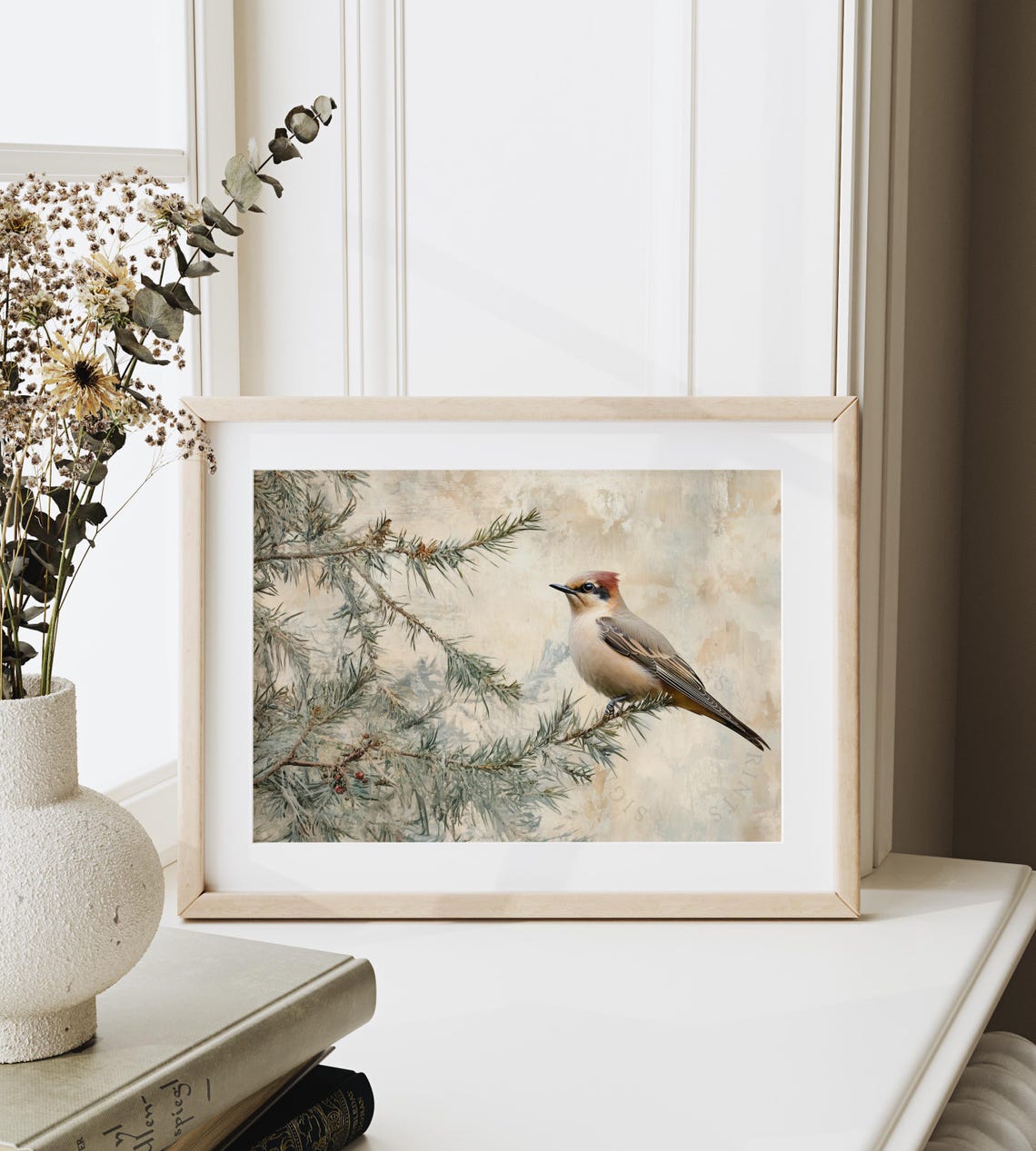 Cedar Waxwing Perched On Snowy Pine Bough Winter Songbird Wall Art - Image 6
