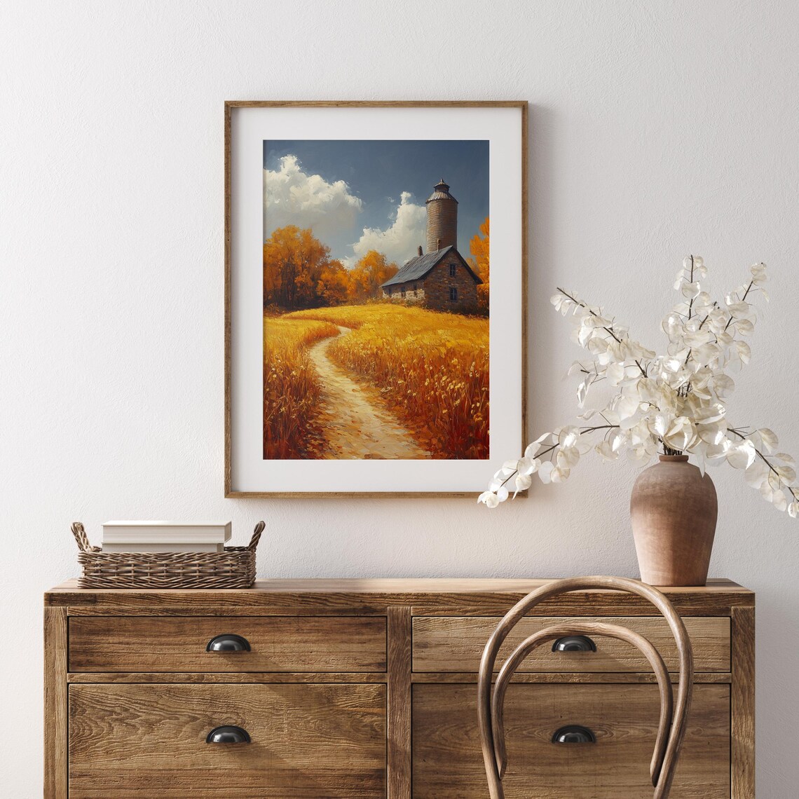 Stone Farmhouse With Tall Silo in Ripe Wheat Field Autumn Landscape Wall Art - Image 5