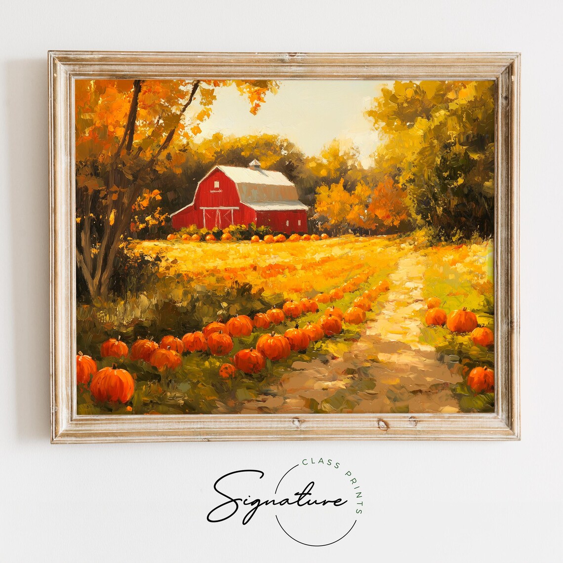 Red Barn Pumpkin Patch Painting Golden Autumn Trees Fall Harvest Poster