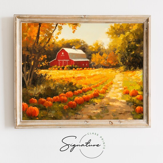 Red Barn Pumpkin Patch Painting Golden Autumn Trees Fall Harvest Poster