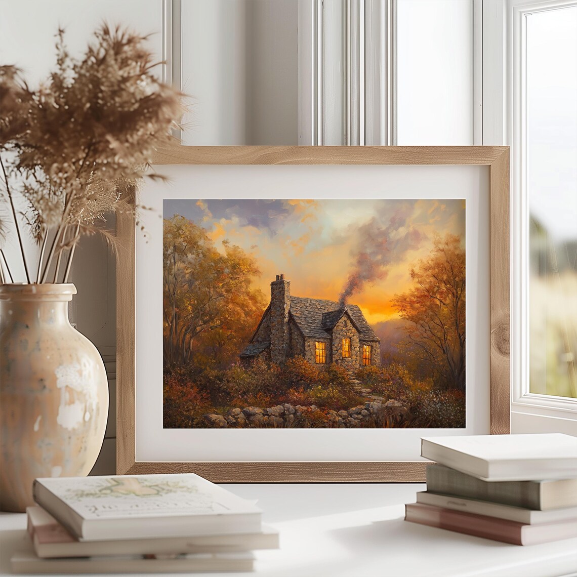 Cozy Stone Cottage Autumn Sunset Painting Glowing Windows Fall Decor Poster - Image 2