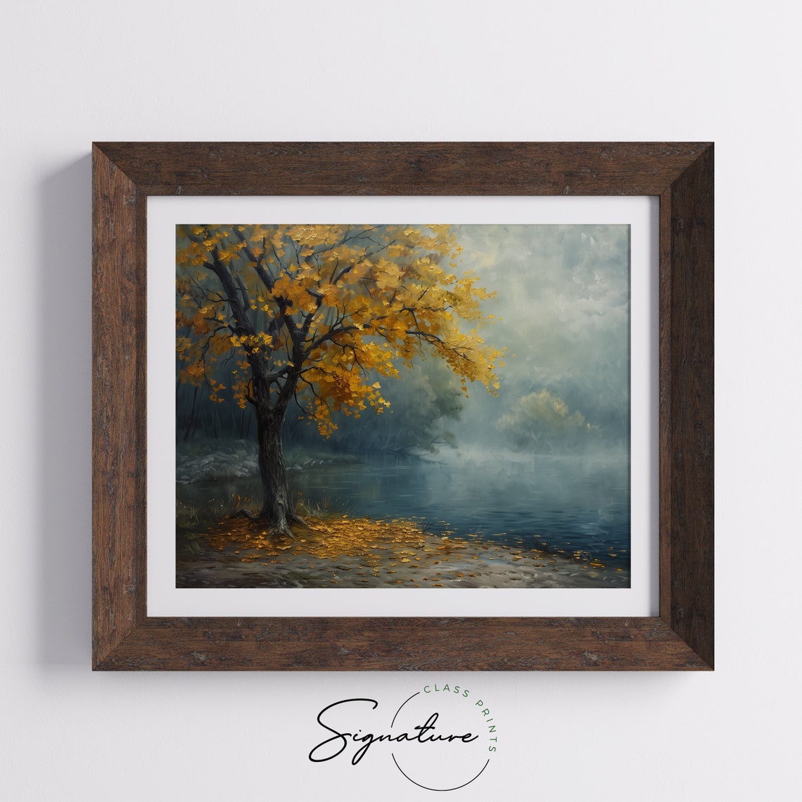 Golden Chestnut Tree Beside Foggy Lakeside Misty Autumn Poster - Image 5