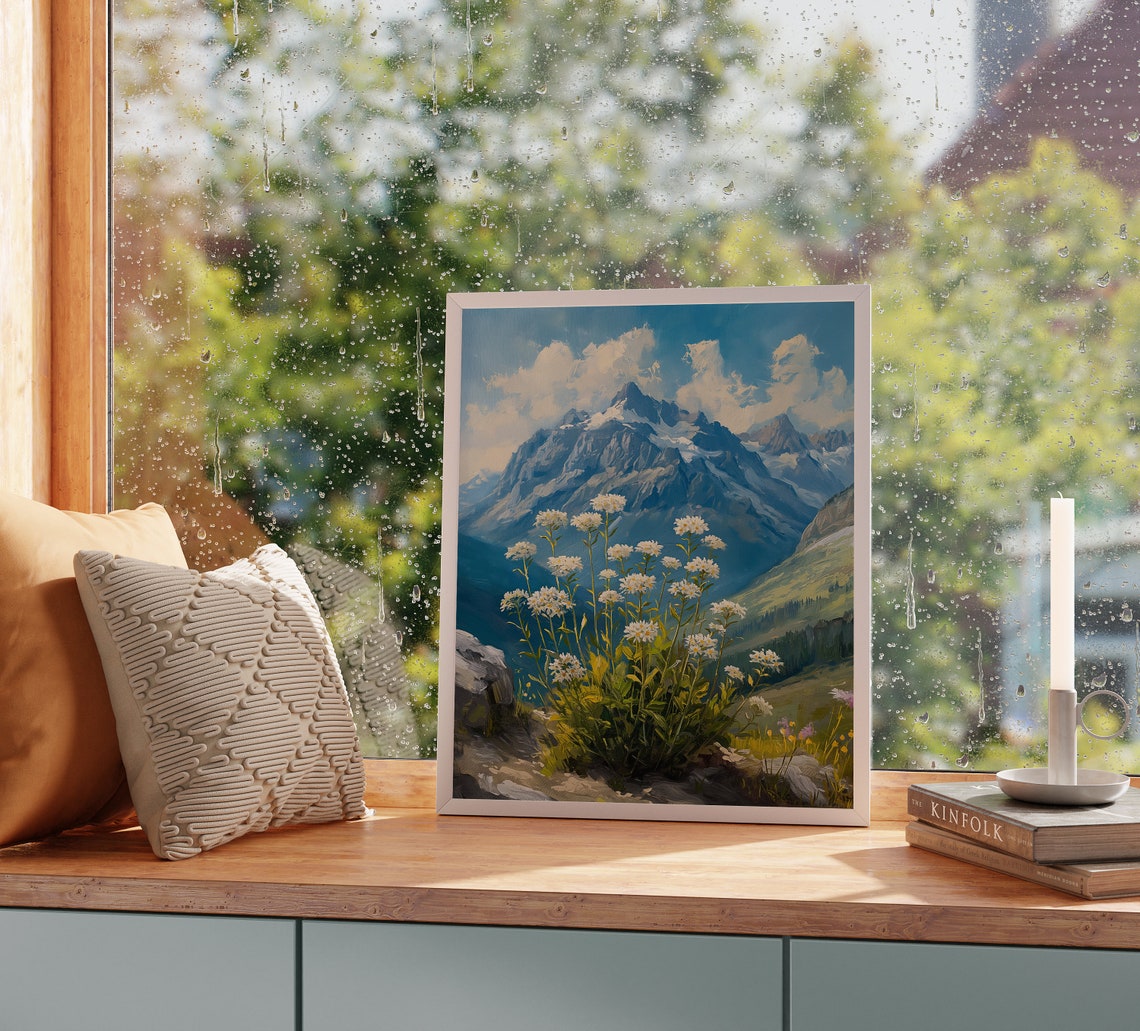 Alpine Meadow Edelweiss Blossoms Wildflower Rocky Snowy Peak Poster - Image 2