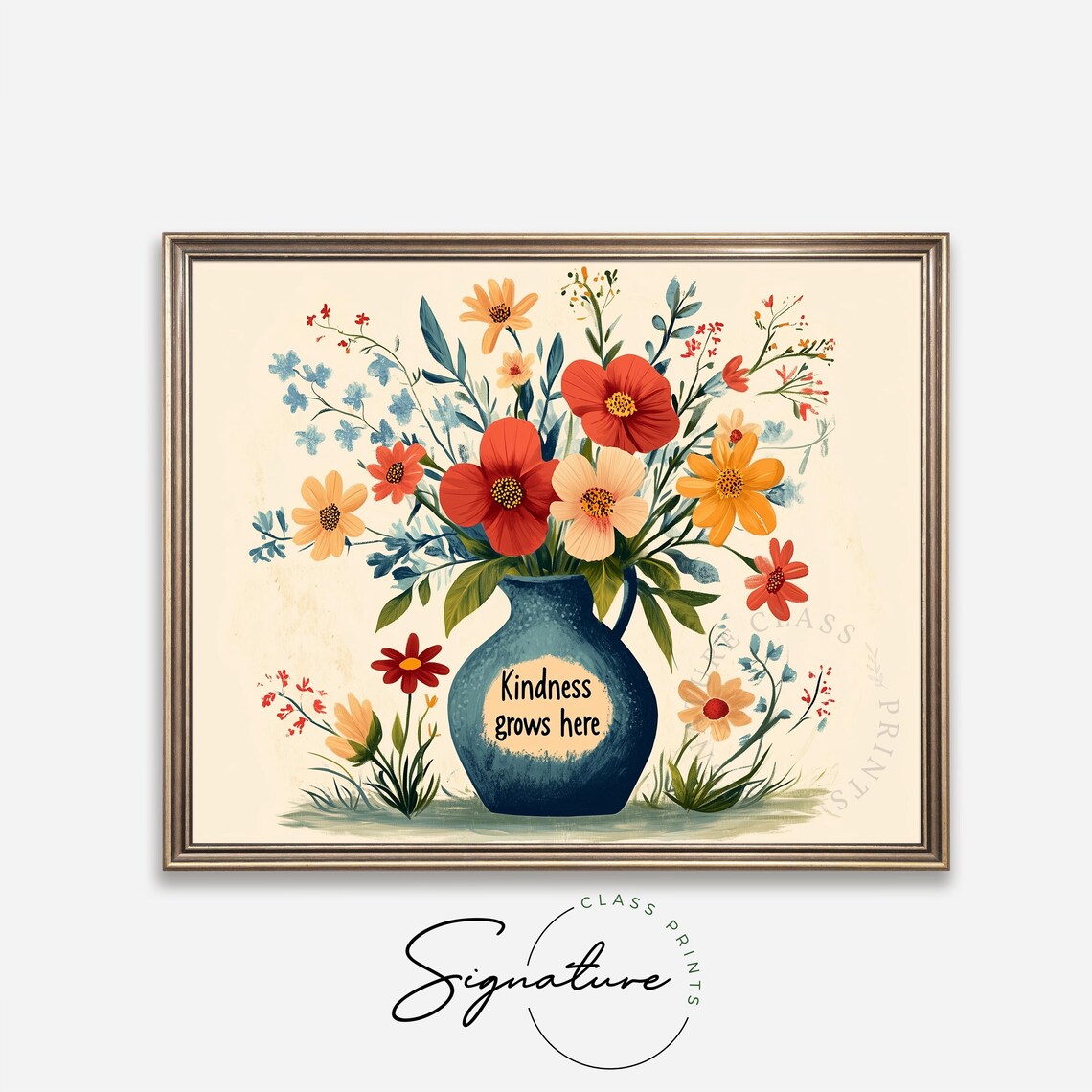 Kindness Grows Here Quote Floral Bouquet In Retro Blue Vase Poster - Image 4