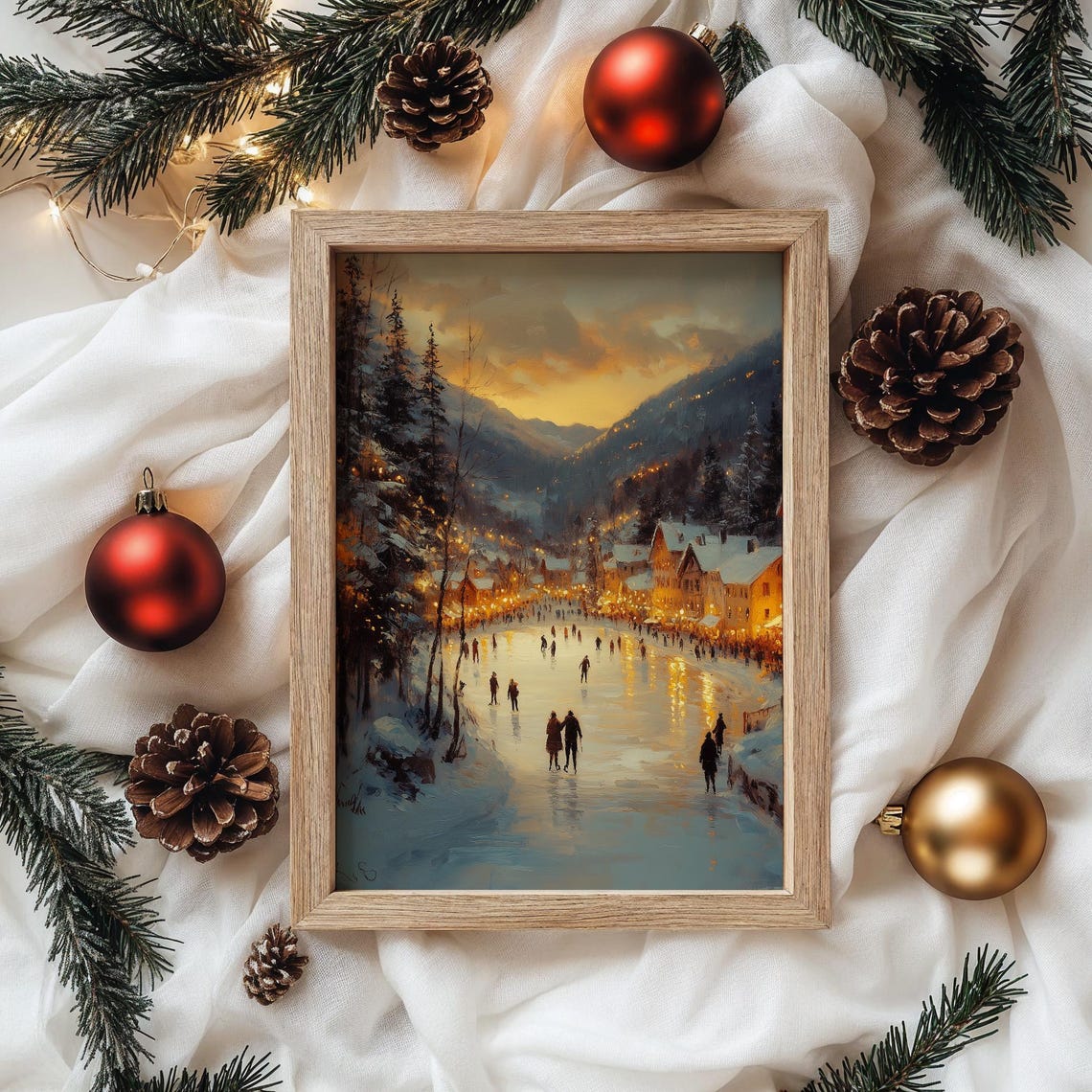 Frozen Lake at Sunset with Ice Skaters in Snowy Village Scene Poster - Image 4